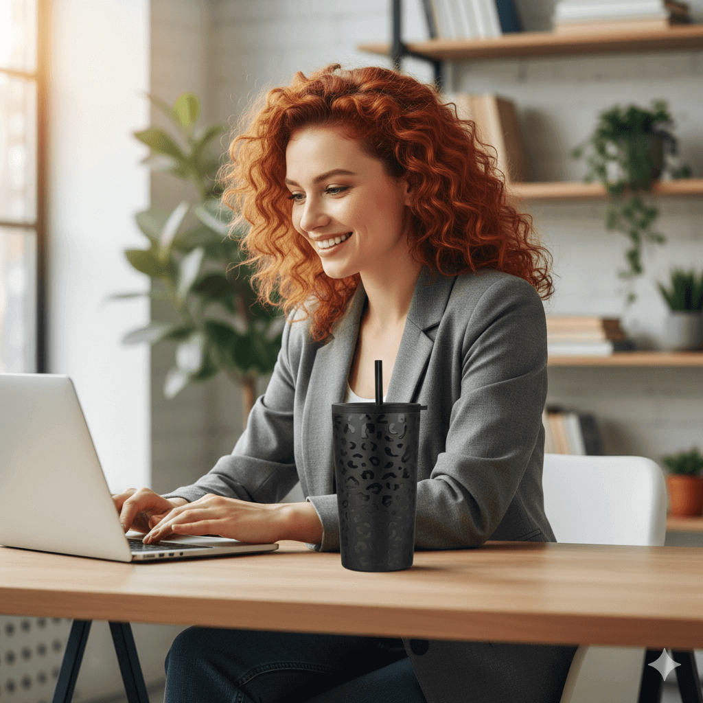 γυναικα εργαζομενη στο γραφειο της με το λαπτοπ και το tumbler θερμος της