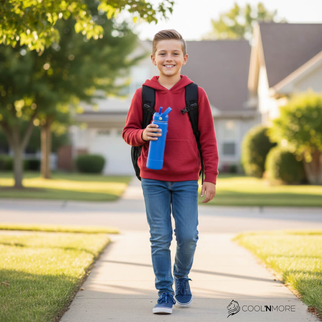 a kid going to school with his bag and a blue water bottle Coolnmore