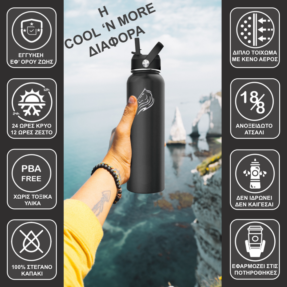 Coolnmore ανοξείδωτο μπουκάλι θερμός 500ml με 3 καπάκια Jet Black. Ανοξείδωτο μπουκάλι νερού με καλαμάκι, στεγανό 100%. Μπουκάλι θερμός για καφέ. Ανοξείδωτο παγούρι νερού επαναχρησιμοποιούμενο ισοθερμικό, κατάλληλο για παιδιά, εγγύηση εφ' όρου ζωής