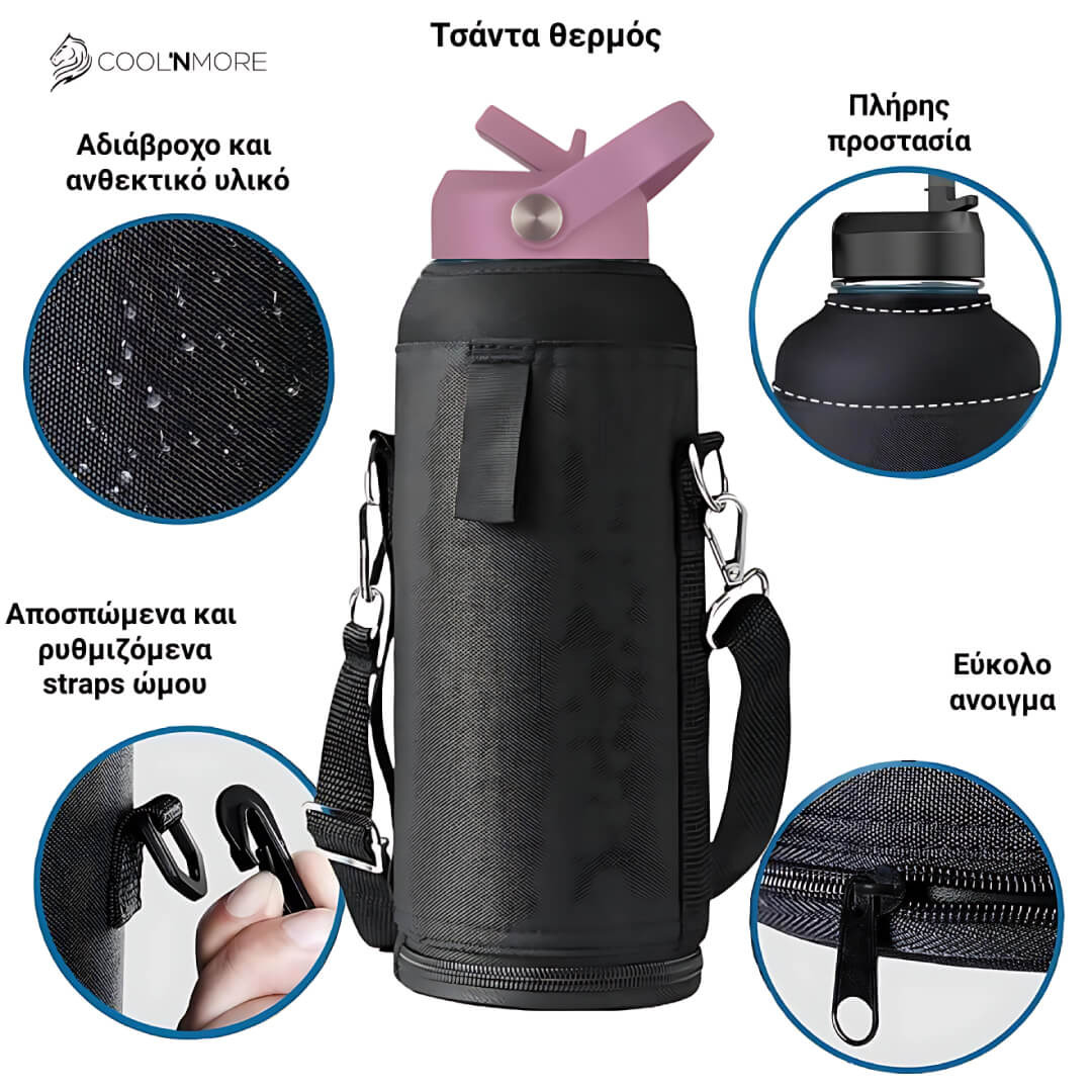 Black insulated bottle holder with pink lid and features highlighted, including water bottle, straps, and zippers, for Coolnmore θερμος νερου 1 λιτρου με καλαμακι. 