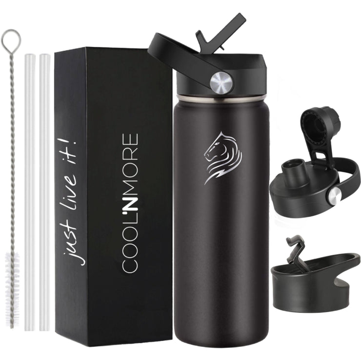 coolnmore jet black θερμος καφε 350ml, με 3 καπακια, με 2 καλαμακια και βουρτσα καθαρισμου