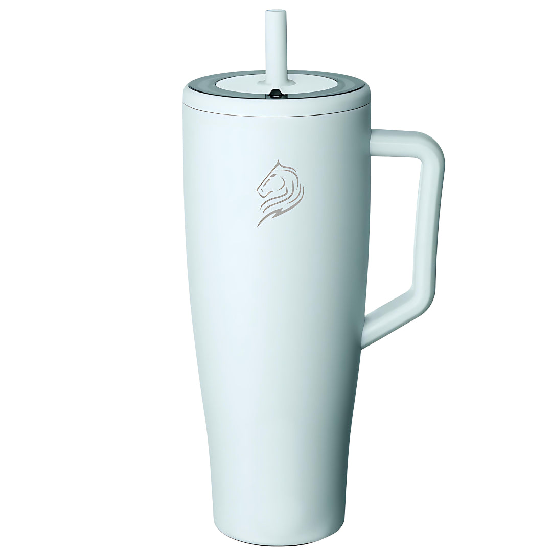 coolnmore Aqualis vogue tumbler θερμος 1200ml με καλαμακι ανοξειδωτο.  Black insulated mug with handle and straw lid on a white background