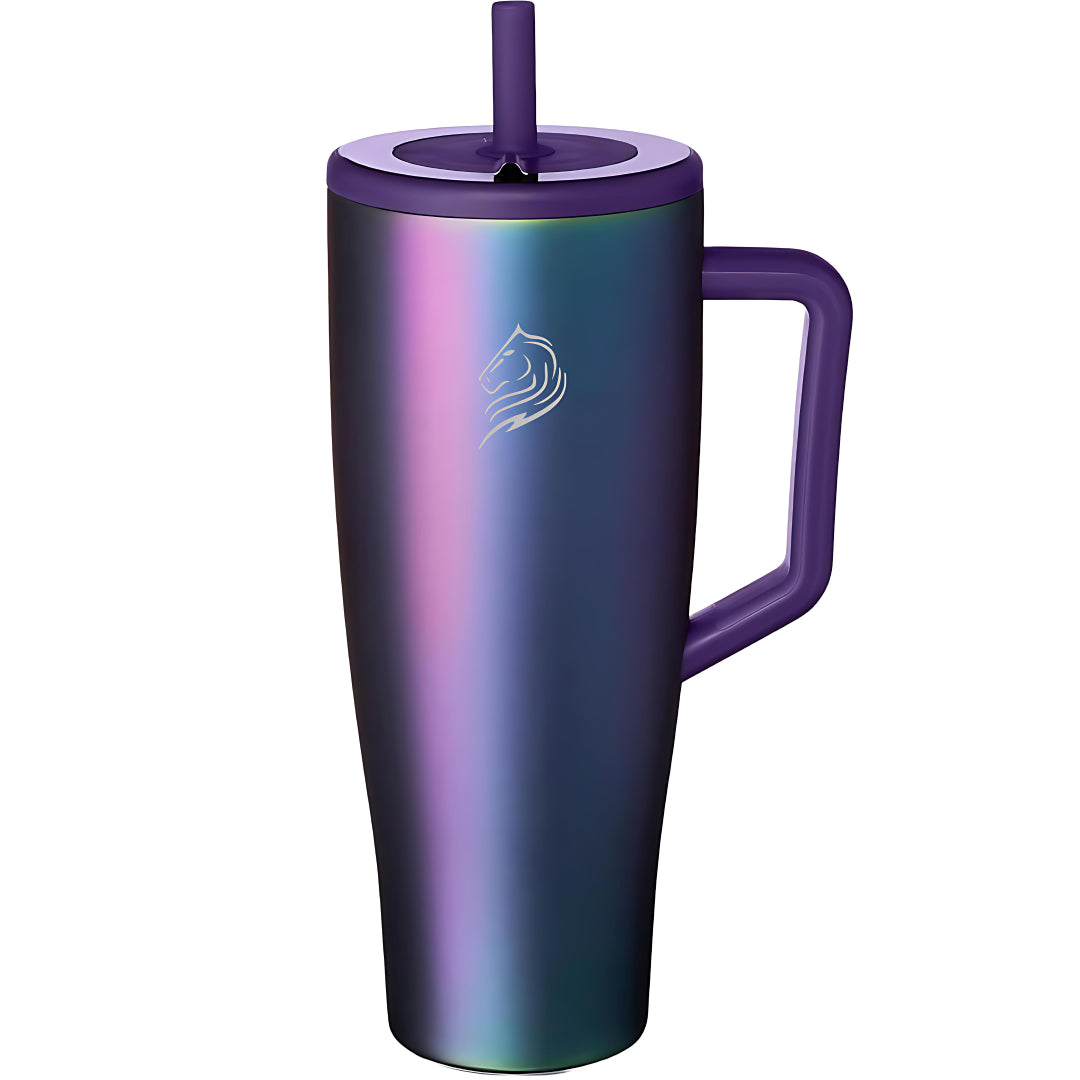 Coolnmore Aurora tumbler θερμος 1200ml με καλαμακι, Vogue series ion plated. Gradient purple to blue tumbler with handle and straw lid on a white background