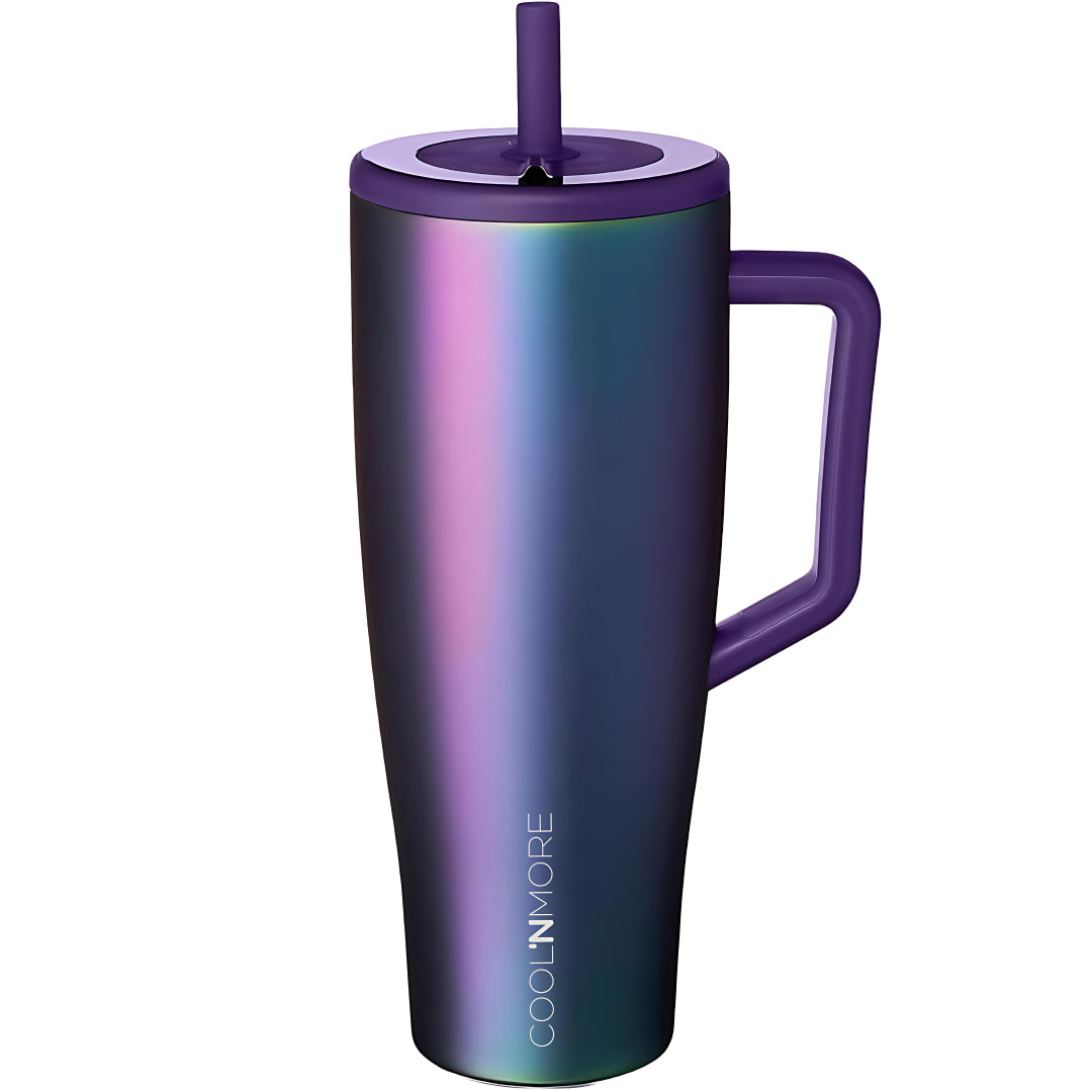 Coolnmore Aurora tumbler θερμος 1200ml με καλαμακι, Vogue series. Purple insulated mug with handle and straw lid on a white background