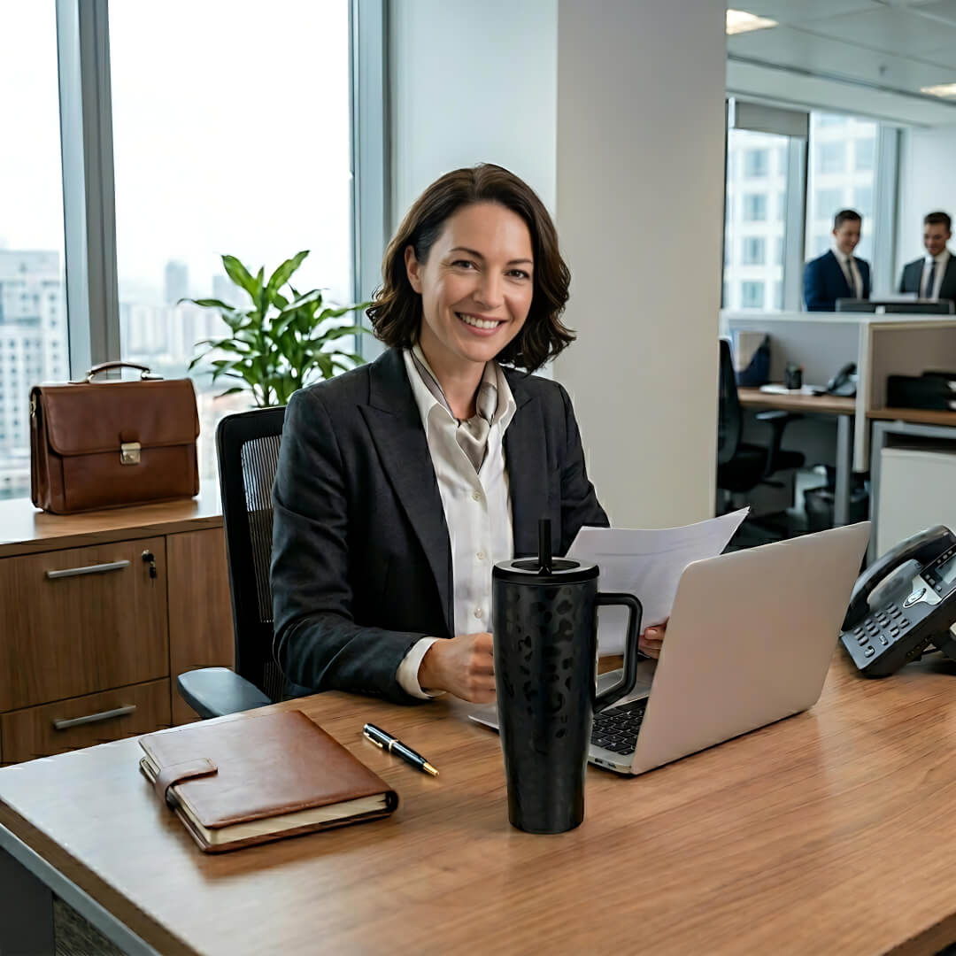 coolnmore vogue black leopard tumbler θερμος 1200ml με καλαμακι ανοξειδωτο.  Woman sitting at a desk with a laptop and mug, smiling in an office setting with cityscape view.