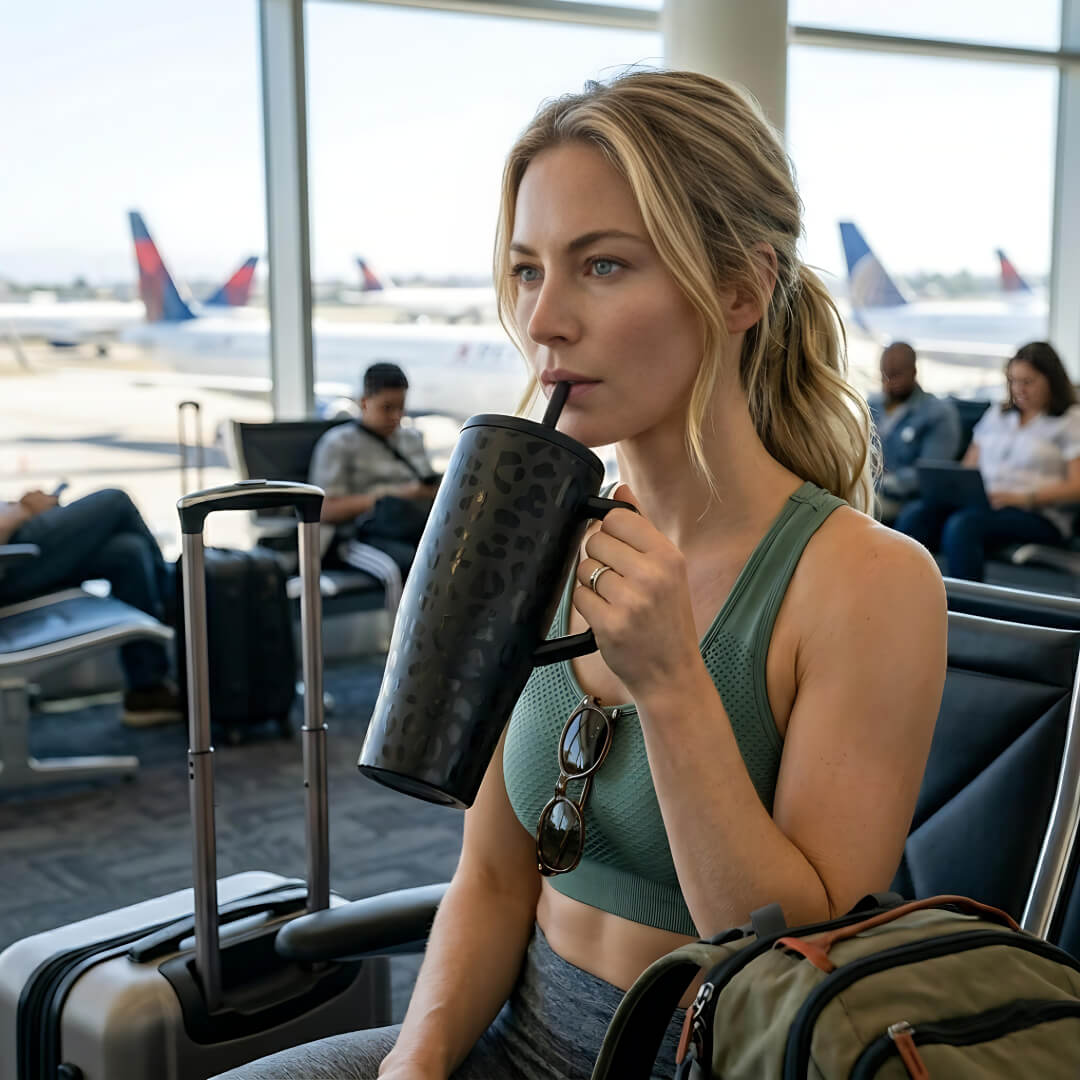 coolnmore vogue black leopard tumbler θερμος 1200ml με καλαμακι ανοξειδωτο.  Woman sitting at the airport with a tumbler