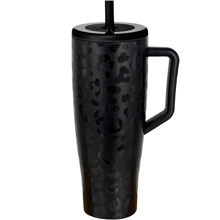 coolnmore black leopard vogue tumbler θερμος 1200ml ανοξειδωτο. Black insulated mug with handle and straw lid on a white background