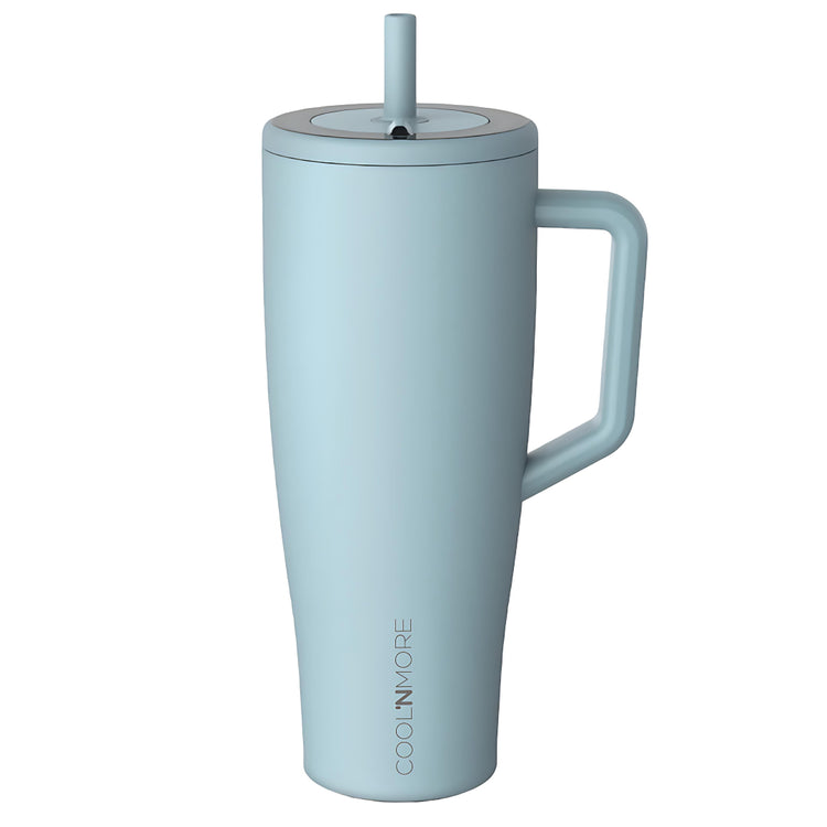 coolnmore breeze vogue tumbler θερμος 1200ml ανοξειδωτο. Blue insulated mug with handle and straw lid on a white background