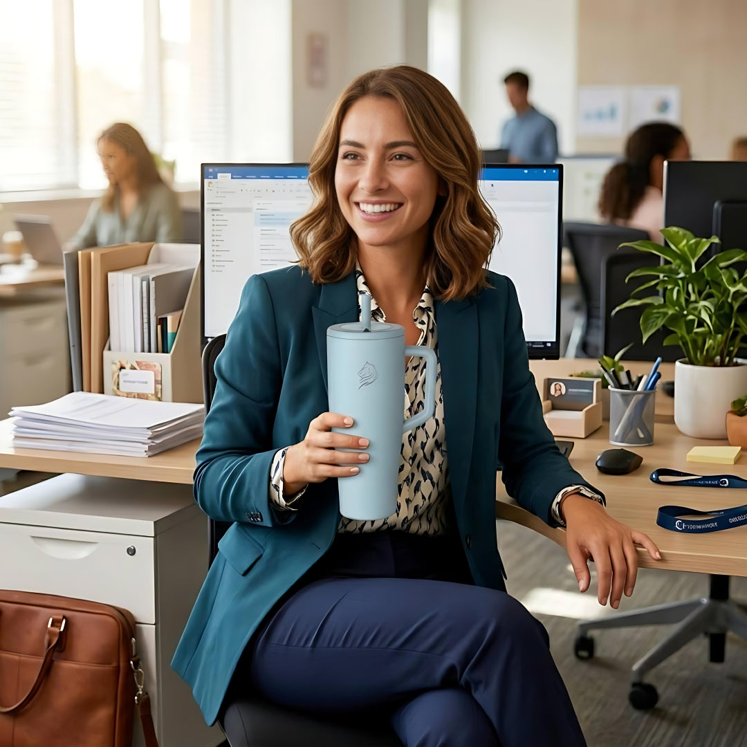 coolnmore breeze vogue tumbler θερμος 1200ml με καλαμακι ανοξειδωτο.  Woman sitting at a desk with a laptop and mug, smiling in an office setting with cityscape view.