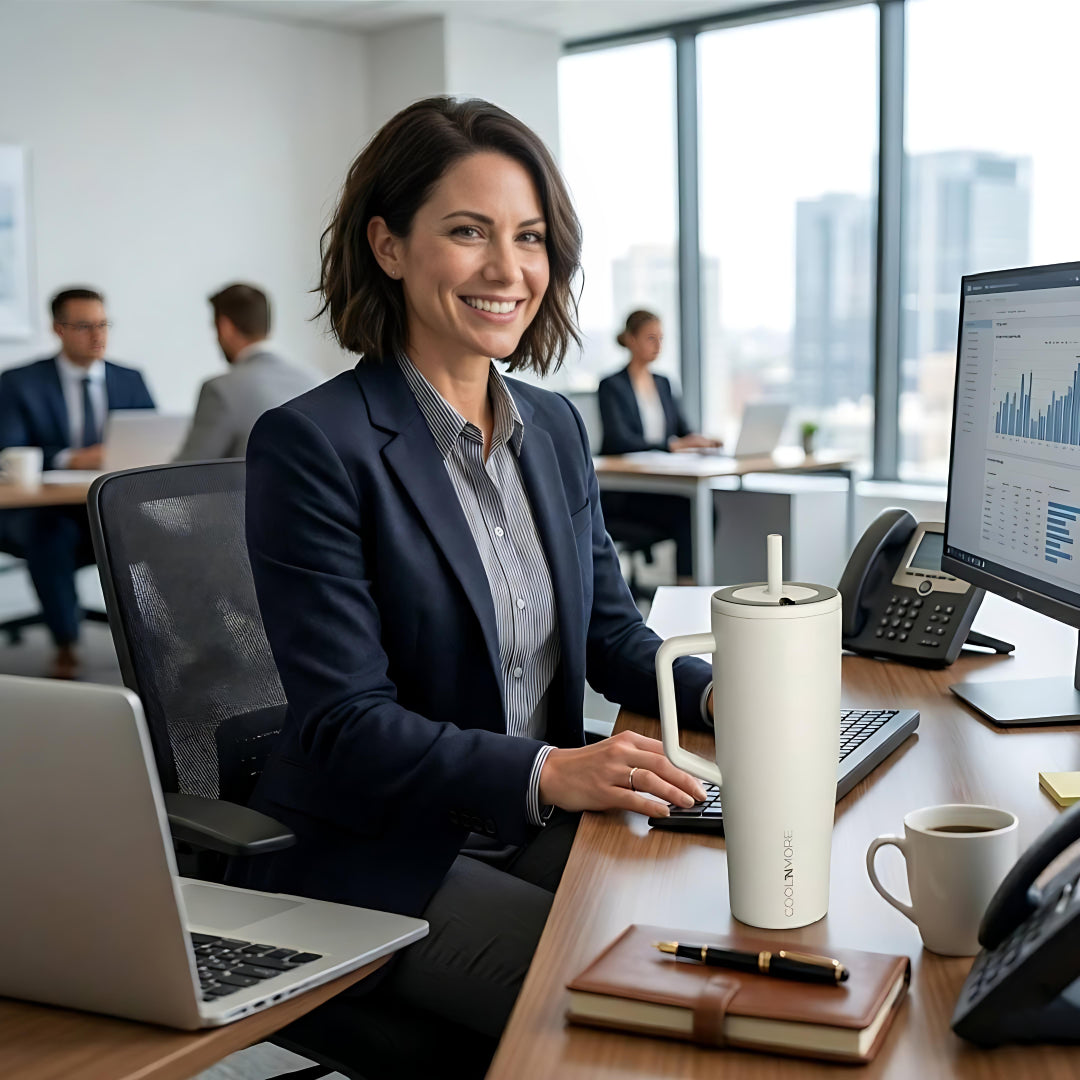 coolnmore sand vogue tumbler θερμος 1200ml με καλαμακι ανοξειδωτο.  Woman sitting at a desk with a laptop and mug, smiling in an office setting with cityscape view.