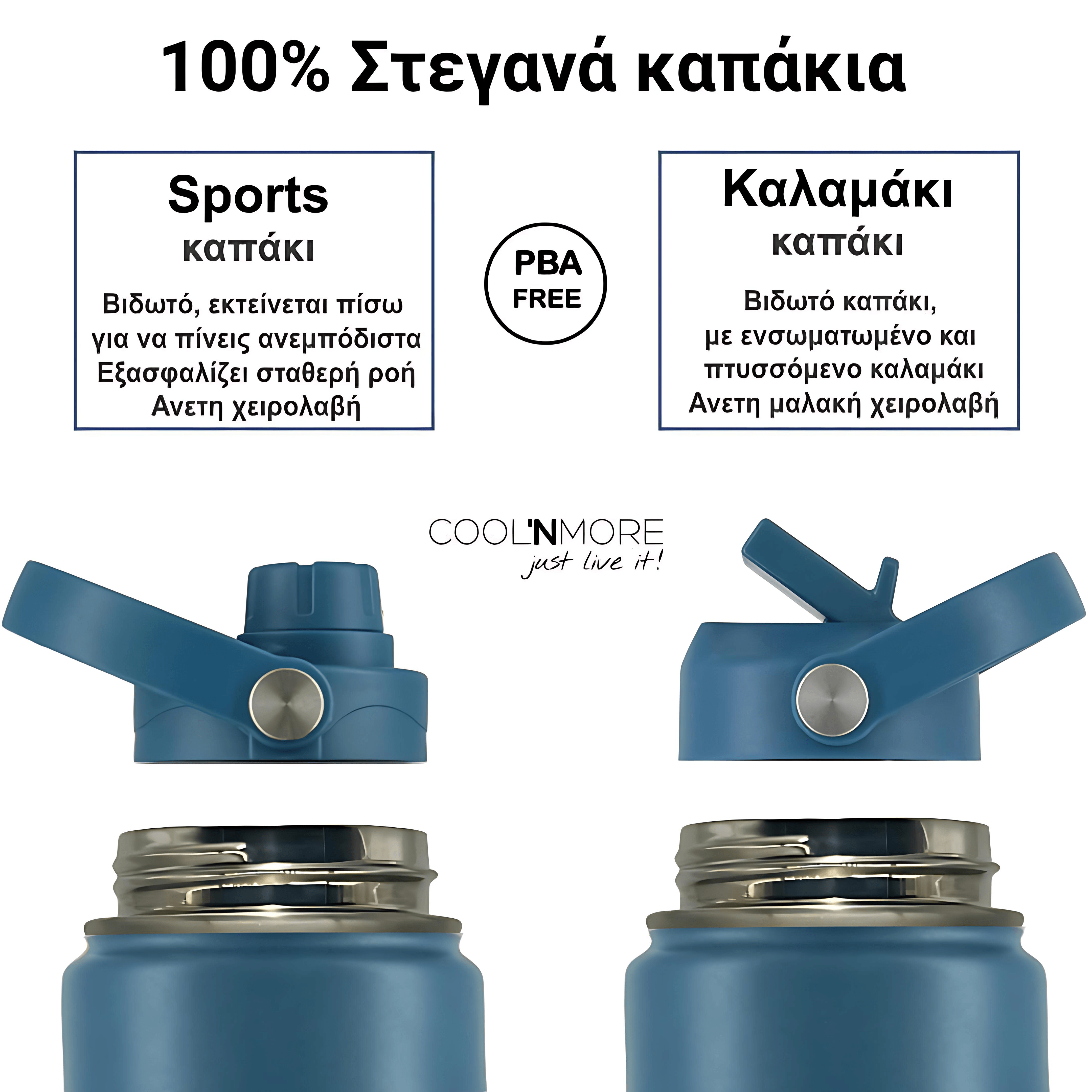 Coolnmore Denim θερμος νερου 1 λιτρου με καλαμακι. Blue water bottle with different types of lids on a white background, featuring text about the bottles.
