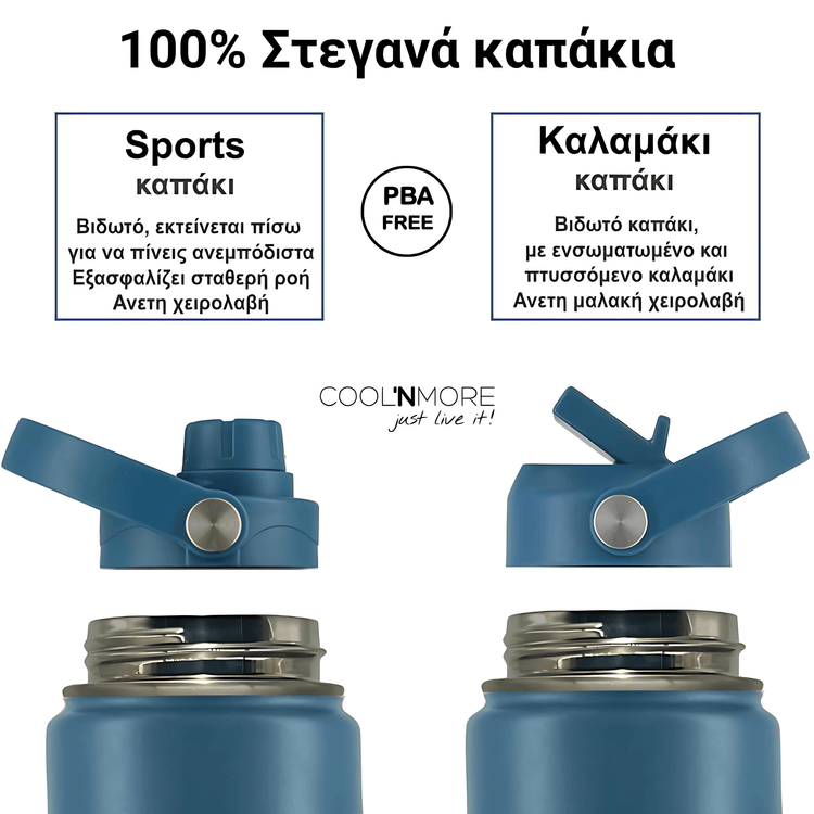 Coolnmore Denim θερμος νερου 1 λιτρου με καλαμακι. Blue water bottle with different types of lids on a white background, featuring text about the bottles.