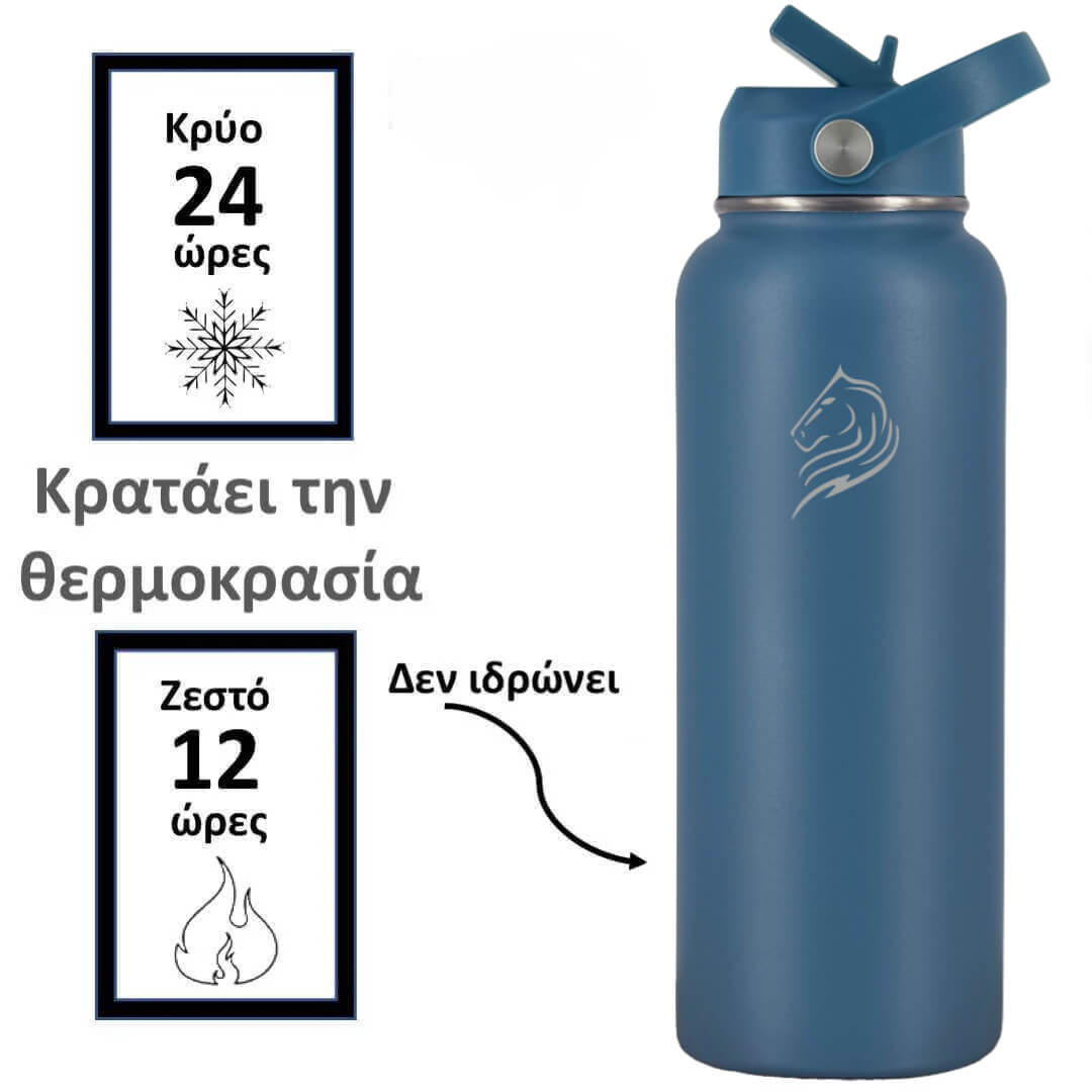 Coolnmore Denim θερμος νερου 1 λιτρου με καλαμακι. Blue insulated bottle bpa free with a straw lid on a white background, featuring text and icons.