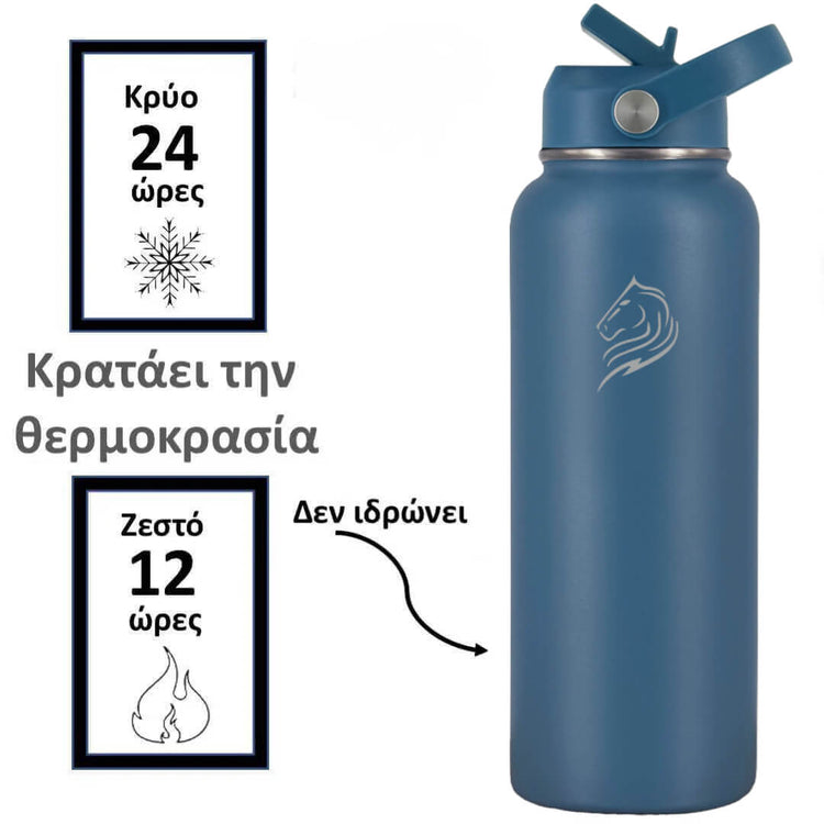 Coolnmore Denim θερμος νερου 1 λιτρου με καλαμακι. Blue insulated bottle bpa free with a straw lid on a white background, featuring text and icons.