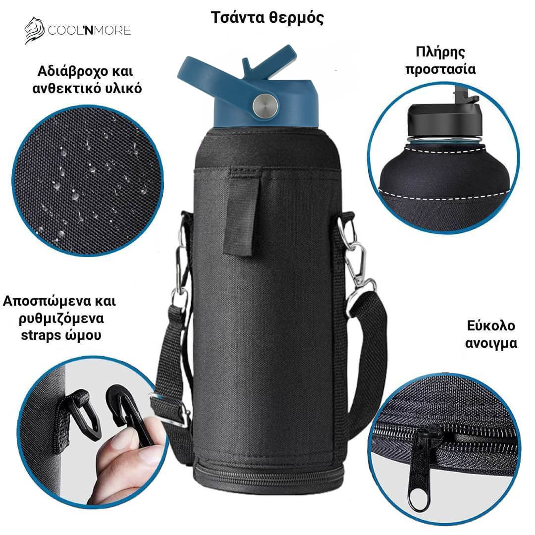 Coolnmore Denim θερμος νερου 1 λιτρου με καλαμακι. Black insulated bottle holder with blue lid and features highlighted, brand 'Coolnmore' visible.
