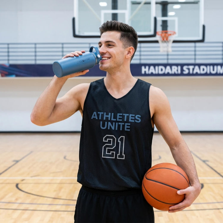 Coolnmore Denim θερμος νερου 1 λιτρου με καλαμακι. Man in black 'Athletes Unite' jersey holding a basketball and blue water bottle on a basketball court.