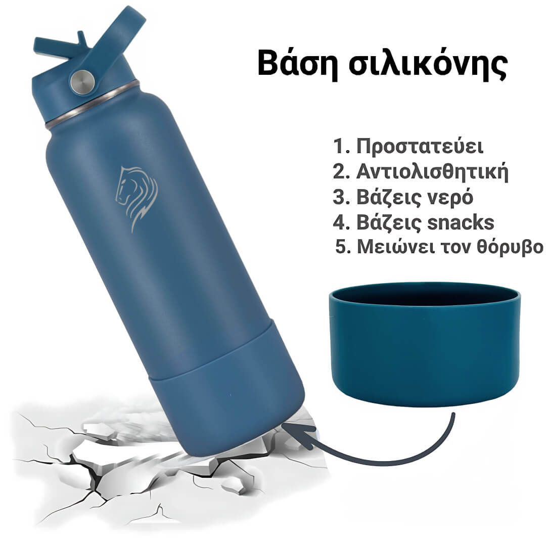 Coolnmore Denim θερμος νερου 1 λιτρου με καλαμακι. Blue water bottle with silicone base on a white background