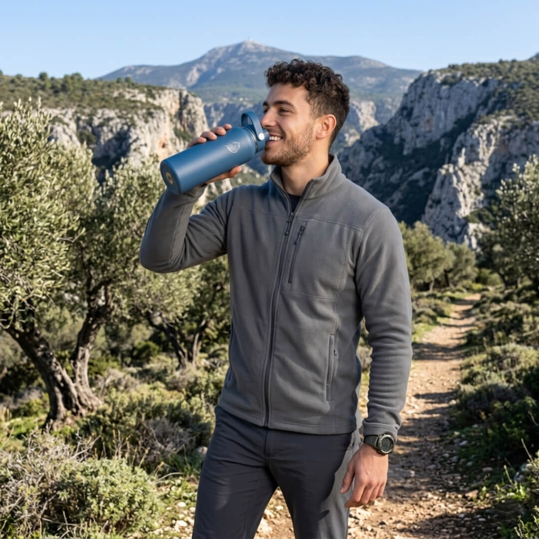 Coolnmore Denim θερμος νερου 1 λιτρου με καλαμακι. Man in gray jacket drinking from a blue water bottle in a mountainous landscape
