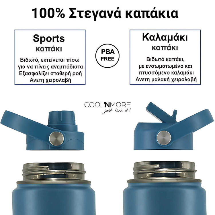 Coolnmore Denim παγουρι θερμος 1200ml. Blue water bottles with different types of lids on a white background, featuring text in Greek.