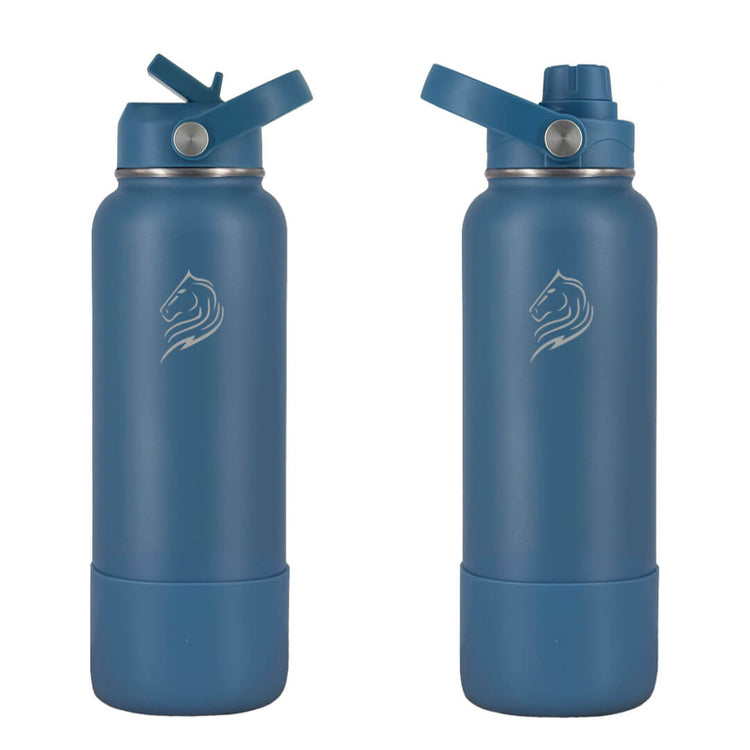 Coolnmore Denim θερμος νερου 1200ml. Two blue water bottles with different lids a logo on a white background