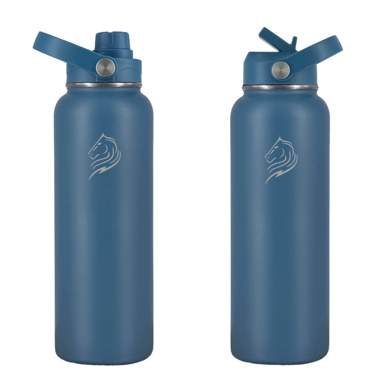 Coolnmore Denim θερμος 1200ml με καλαμακι και sports καπακι. Two blue water bottles with straw lids on a white background