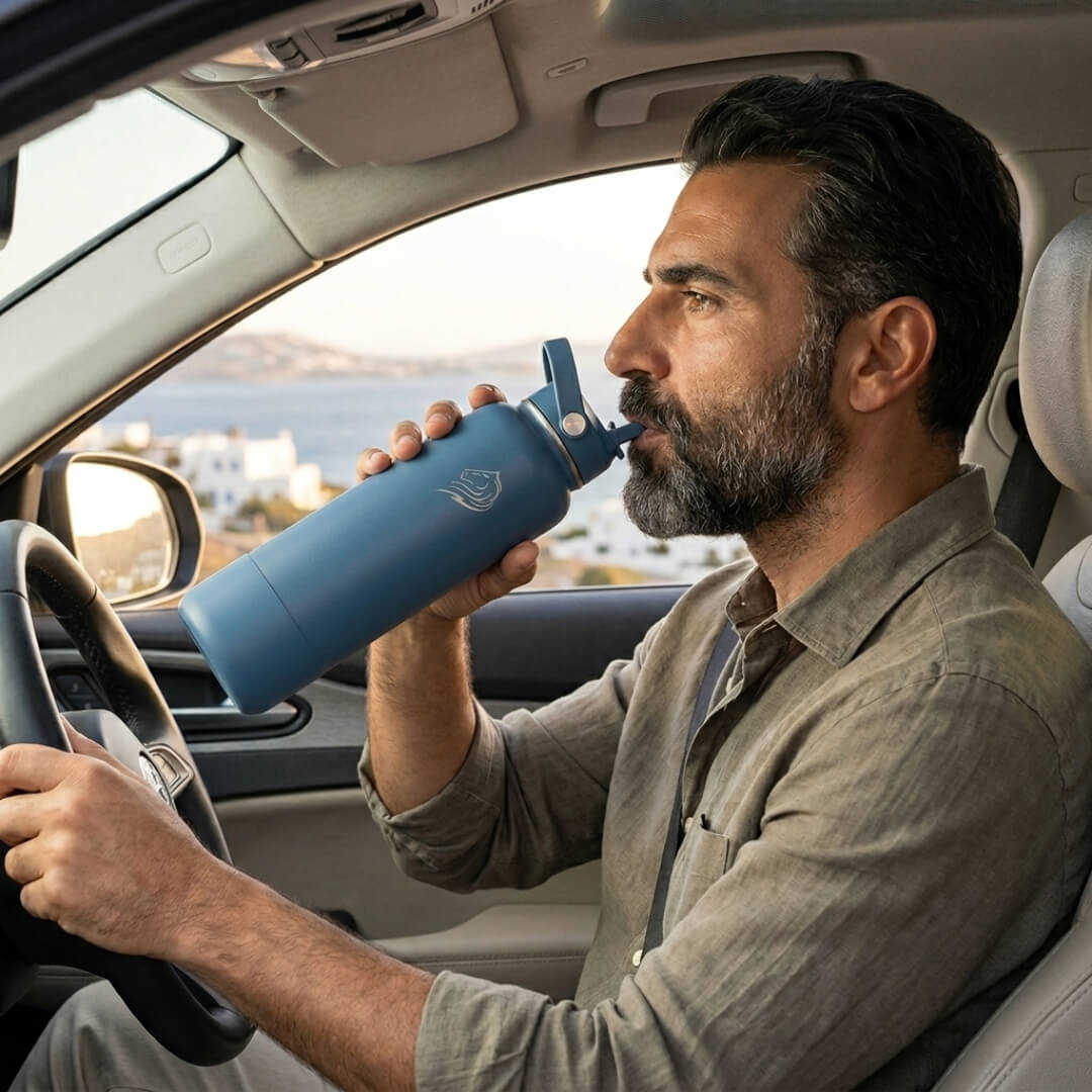 Man drinking from a blue coolnmore water bottle inside a car with a scenic view outside. Coolnmore Denim θερμος 1200ml με καλαμακι