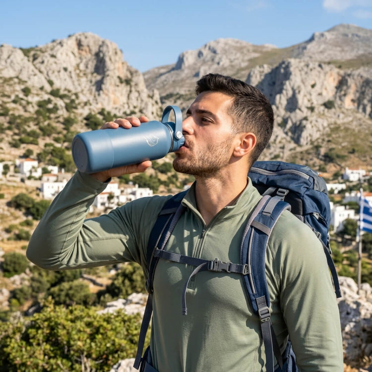 Man drinking from a blue water bottle with mountains in the background. Coolnmore Denim θερμος 1200ml