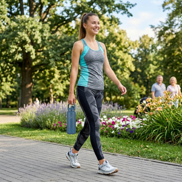 Woman walking outdoors in a park holding a water bottle Coolnmore Denim θερμος 1200ml