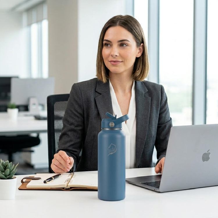 Woman in a professional setting with a water bottle and laptop. Coolnmore Denim θερμος 1200ml με καλαμακι