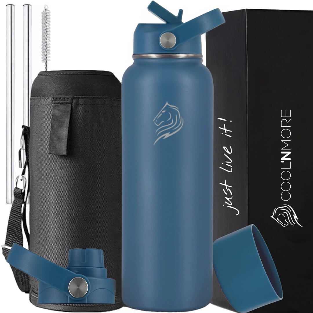 Coolnmore Denim θερμος 1200ml με 9 αξεσουαρ. Blue water bottle with accessories and Coolnmore branding