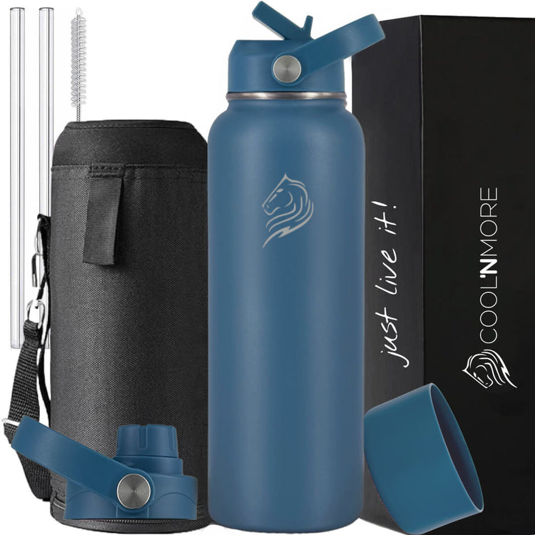 Coolnmore Denim θερμος 1200ml με 9 αξεσουαρ. Blue water bottle with accessories and Coolnmore branding
