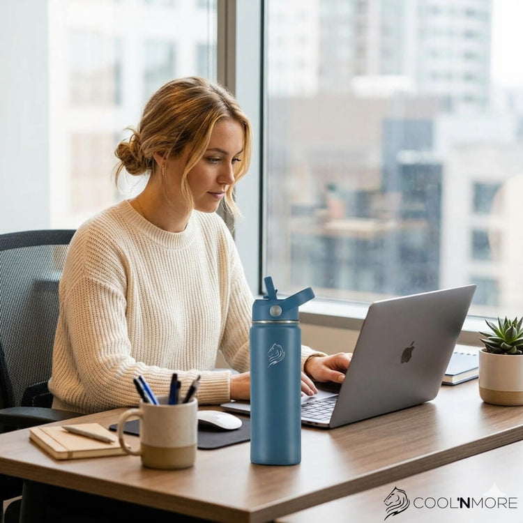 Coolnmore παγουρι θερμος νερου ανοξειδωτο με καλαμακι. Woman working on a laptop at a desk with a blue water bottle and mug.