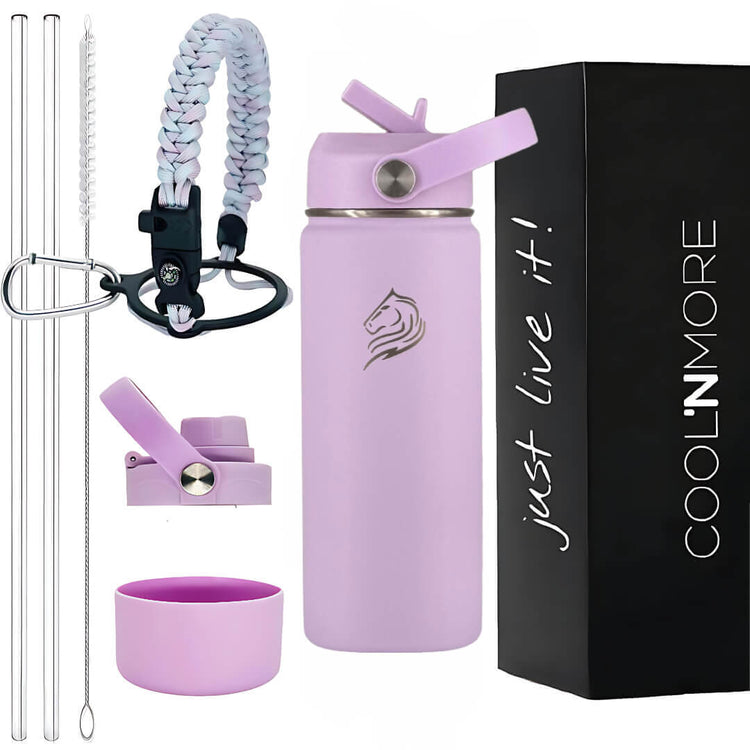 Coolnmore Lavender 350ml παιδικο παγουρι θερμος. Purple water bottle set with accessories and 'COOL'N'MORE' packaging on a white background