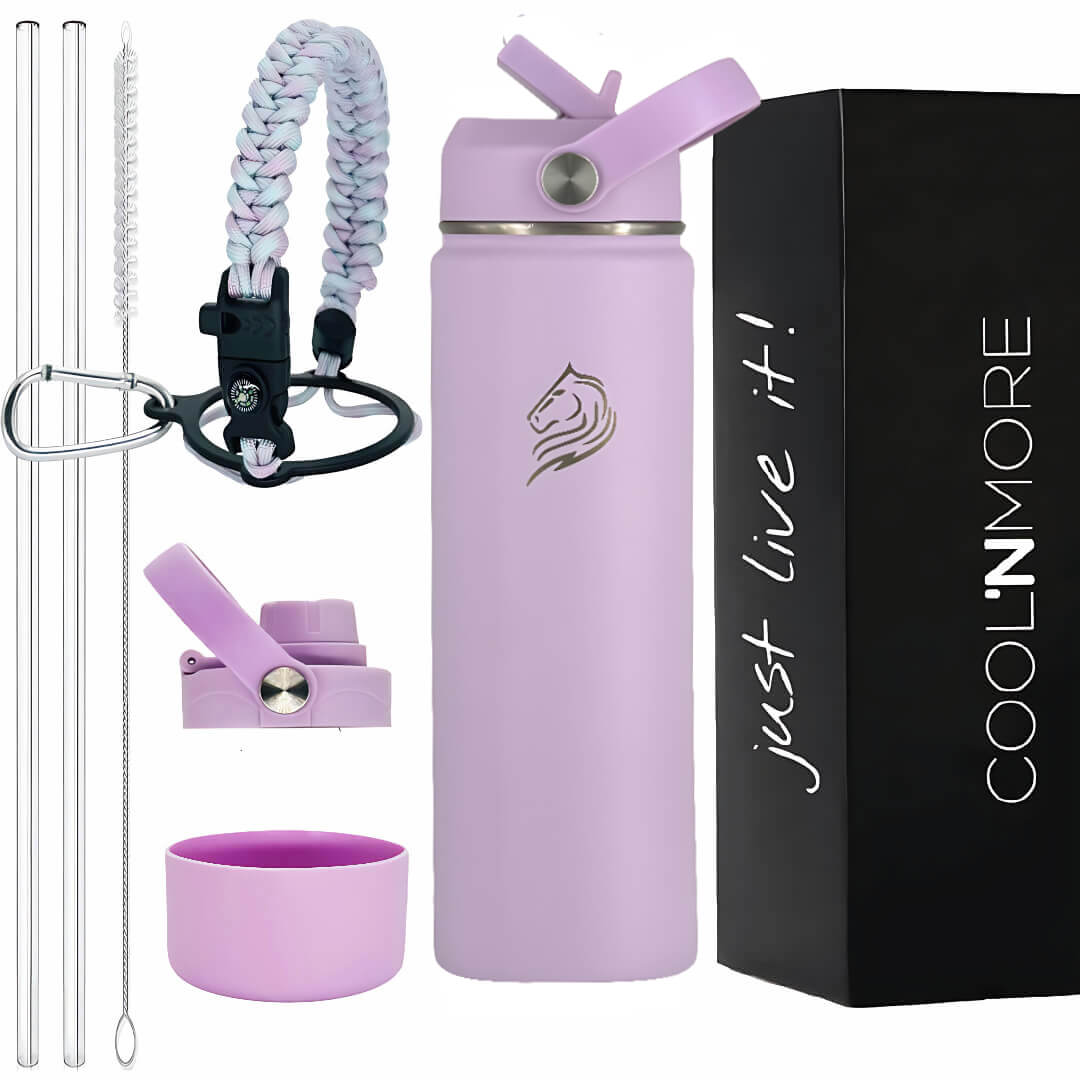 Coolnmore Lavender παγουρι θερμος νερου 750ml. Purple water bottle set with accessories and 'Cool'n'More' branding.
