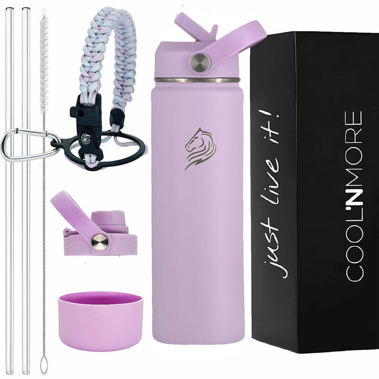 Coolnmore Lavender παγουρι θερμος νερου 750ml. Purple water bottle set with accessories and 'Cool'n'More' branding.