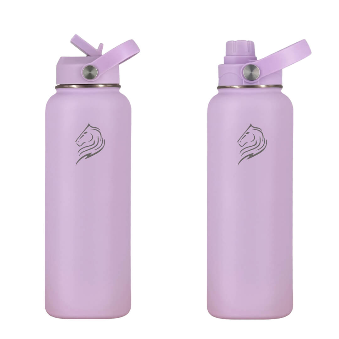 Coolnmore Lavender θερμος νερου 1 λιτρου με καλαμακι.  Two purple water bottles with 2 straw lids on a white background