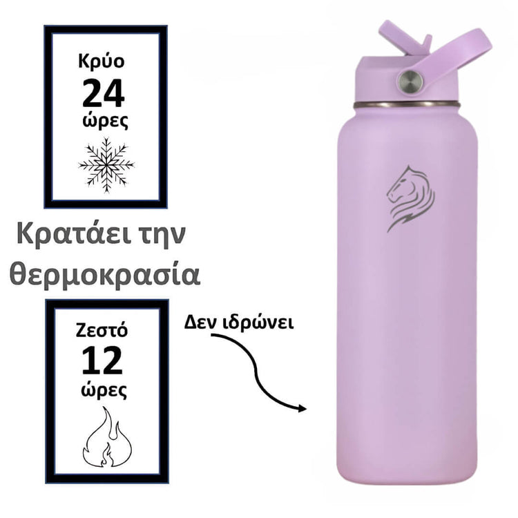 Coolnmore θερμος νερου 1 λιτρου με καλαμακι. Purple insulated bottle with temperature display text on a white background