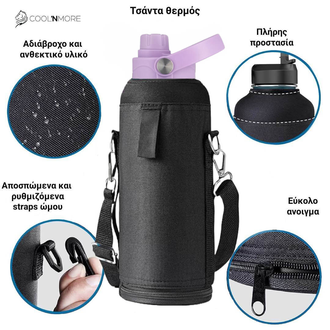 Coolnmore Lavender θερμος νερου 1 λιτρου με καλαμακι. Black insulated bottle holder with purple lid and features highlighted, including a strap and zipper.