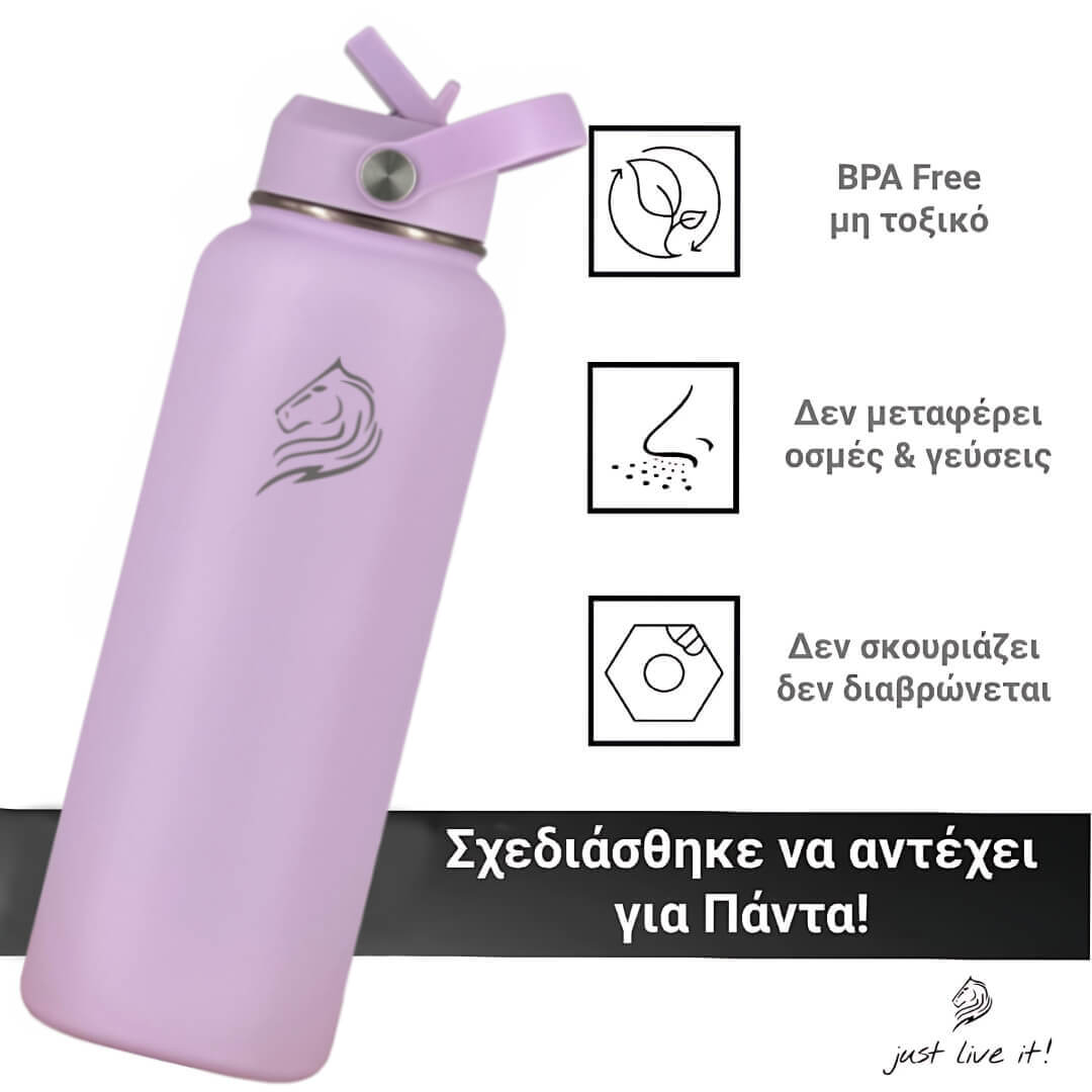 Coolnmore Lavender θερμος νερου 1 λιτρου με καλαμακι. Purple water bottle with a straw lid on a white background, featuring BPA-free and eco-friendly icons.