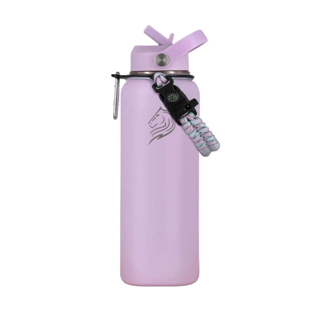 Coolnmore Lavender θερμος νερου 1 λιτρου με καλαμακι. Pink water bottle with a lid and rope on a white background