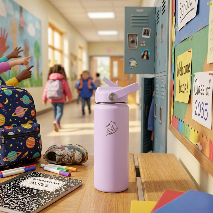 Coolnmore Lavender 350ml παιδικο παγουρι θερμος. Purple water bottle on a school desk with children in the background