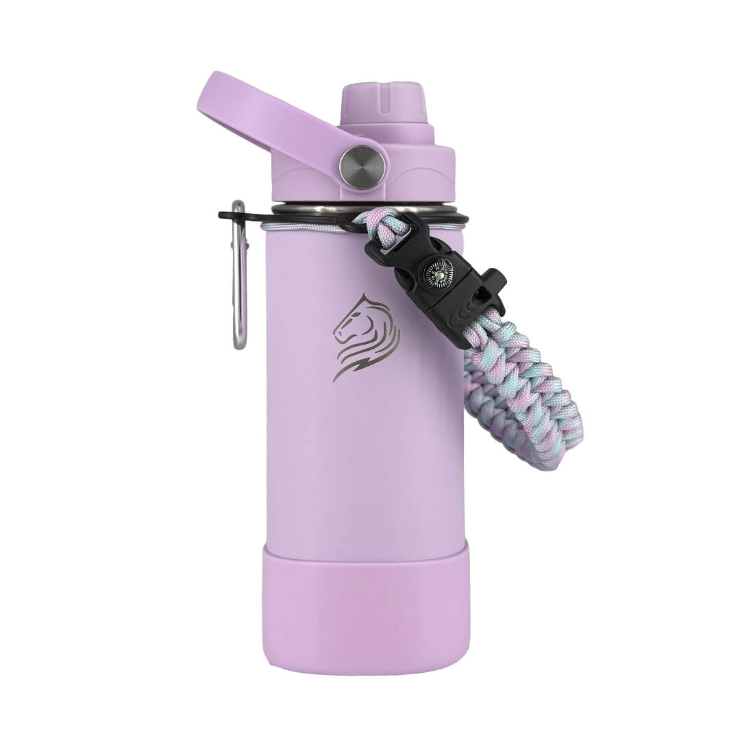 Coolnmore Lavender 350ml παιδικο παγουρι θερμος. Purple water bottle with a black strap and carabiner on a white background
