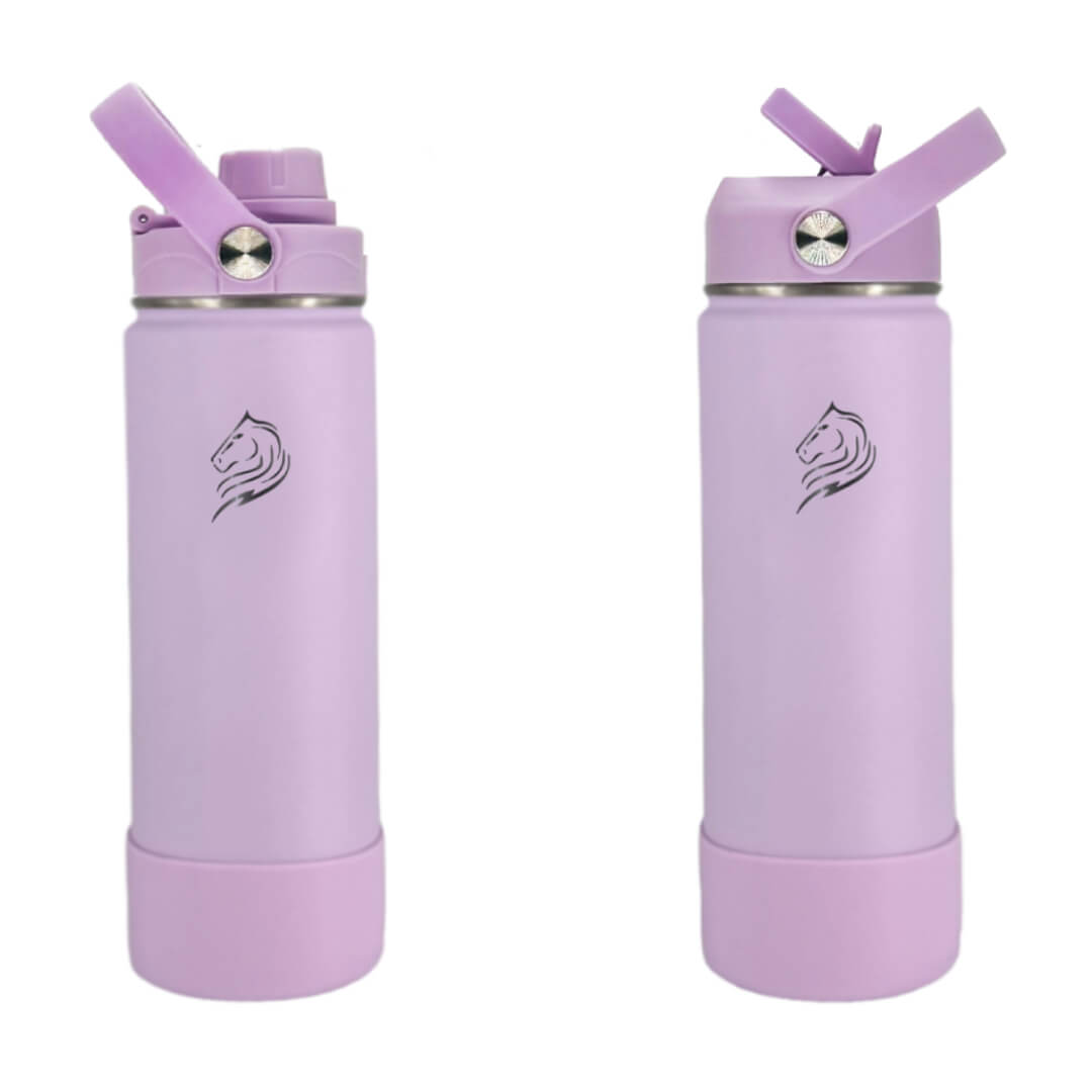 Coolnmore Lavender παγουρι θερμος νερου 750ml. Two purple water bottles with straws on a white background