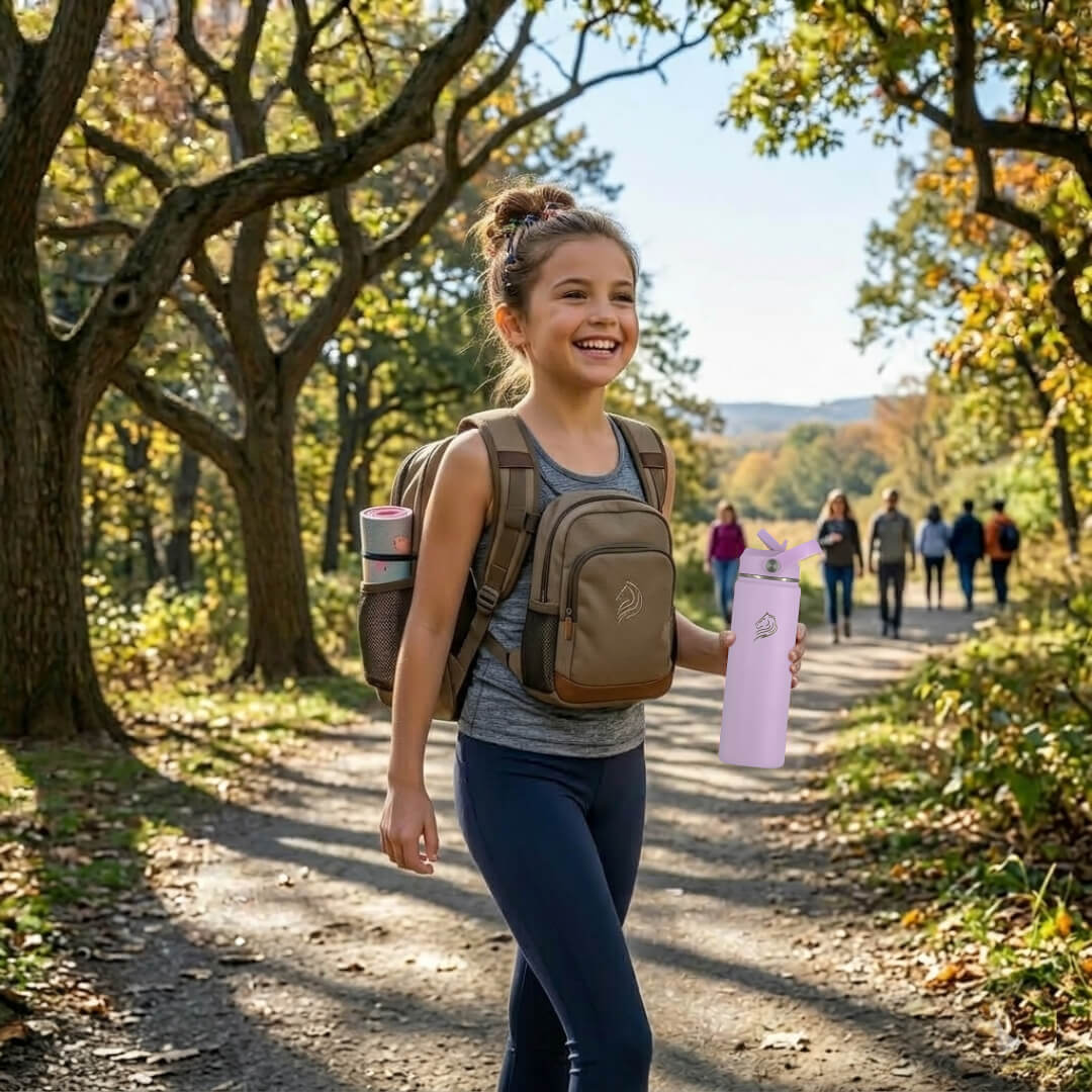 Coolnmore Lavender παγουρι θερμος νερου 750ml. Girl with a backpack and water bottle walking on a trail in a forest