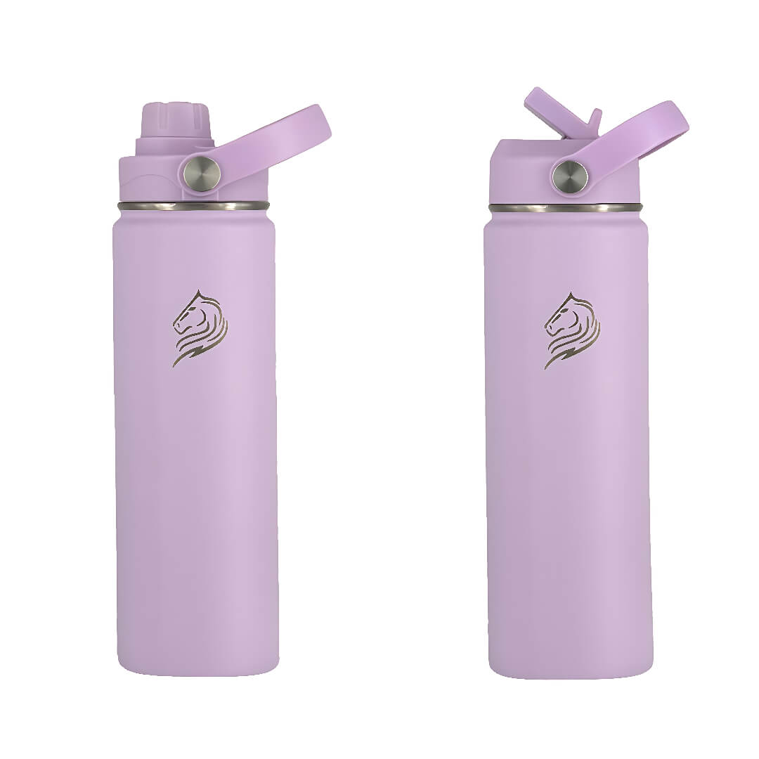 Coolnmore Lavender παγουρι θερμος νερου 750ml. Two purple water bottles with 2 lids and Coolnmore logo on a white background
