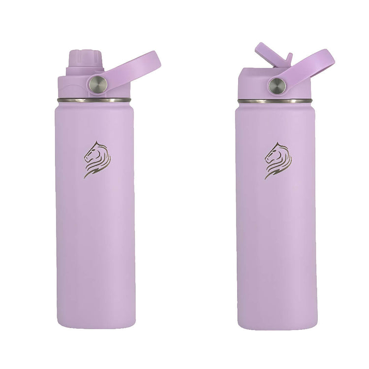 Coolnmore Lavender παγουρι θερμος νερου 750ml. Two purple water bottles with 2 lids and Coolnmore logo on a white background