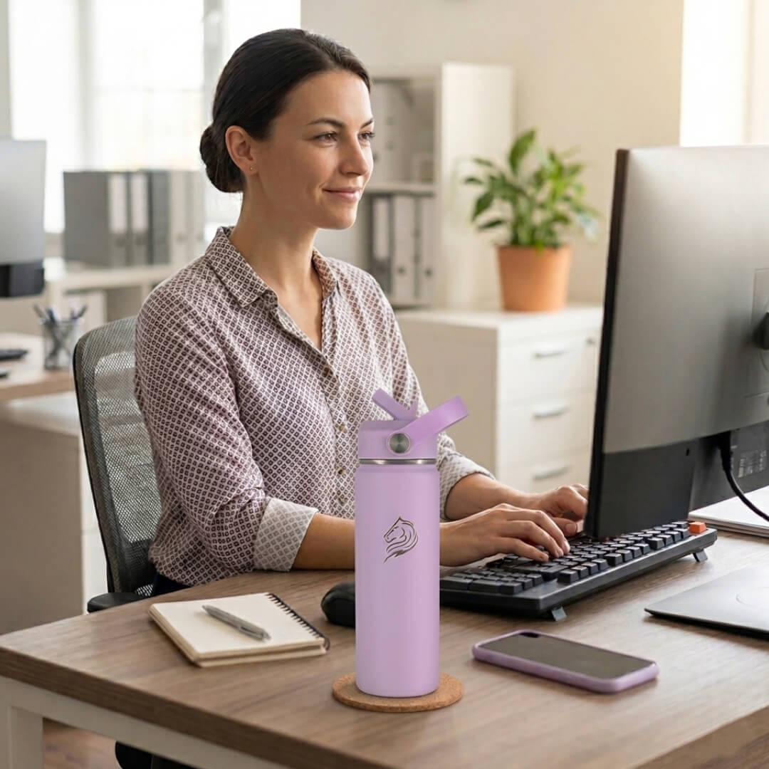 Coolnmore Lavender παγουρι θερμος νερου 750ml. Woman sitting at a desk in an office with a purple water bottle on the desk.