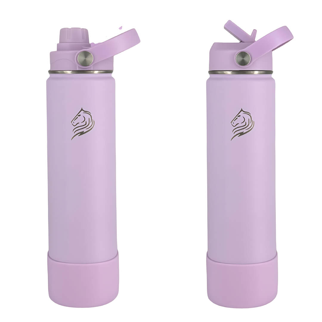 Coolnmore-Lavender θερμος νερου 750ml. Two purple water bottles with straw lids on a white background