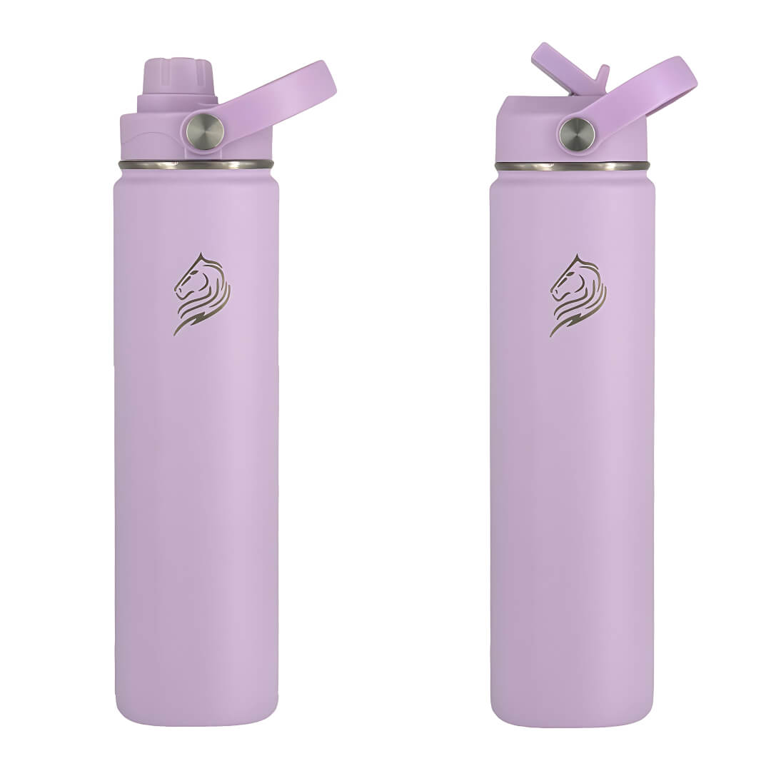Coolnmore-Lavender θερμος νερου 750ml. Two purple water bottles with straw and chug lids on a white background