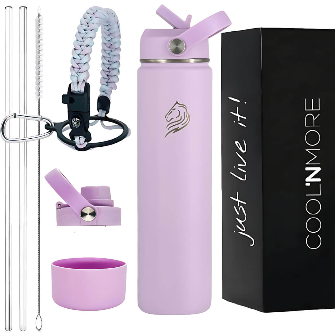 Coolnmore-Lavender θερμος νερου 750ml. Purple water bottle set with accessories and 'Cool'n'More' branding.